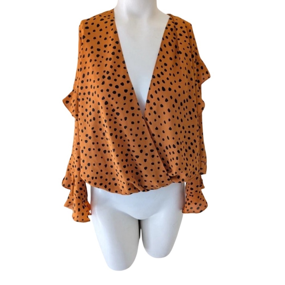 Max Edition Cropped Scooped neck Leopard Print Faux Wrap Bell Sleeve Ruffle Sz M